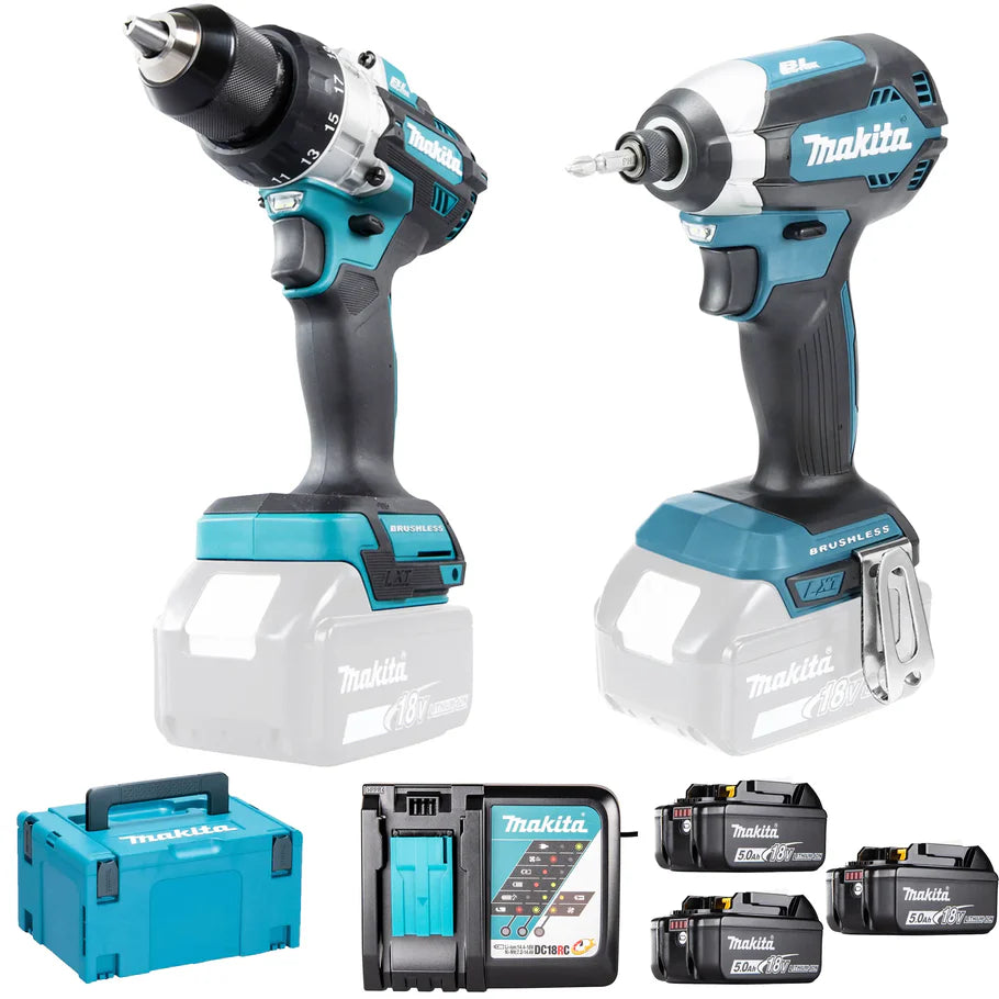 MAKITA DLX3157TJ 3-pièces Ensemble (DDF486 + DHR243 + DGA506 + 3x batteries BL1850 + chargeur DC18RC + coffrets MAK2 & MAK4)