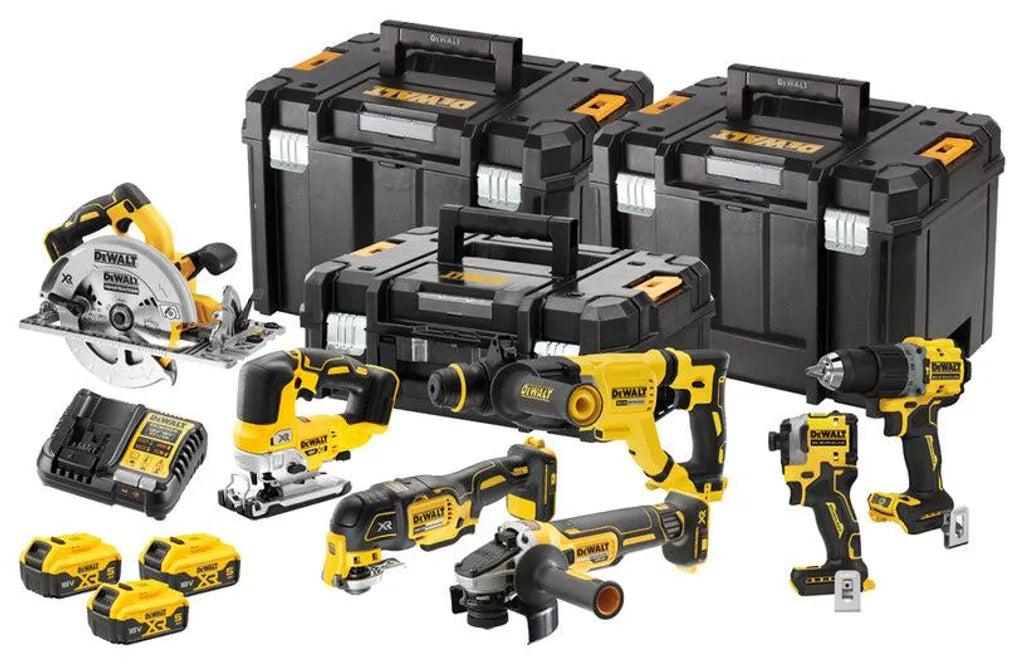 XR 18V 7-pièces Ensemble – DEWALT – avec 3 x 18V 5,0 Ah batteries – chargeur – 3 T-STAK-coffrets – DCK706P3T-QW