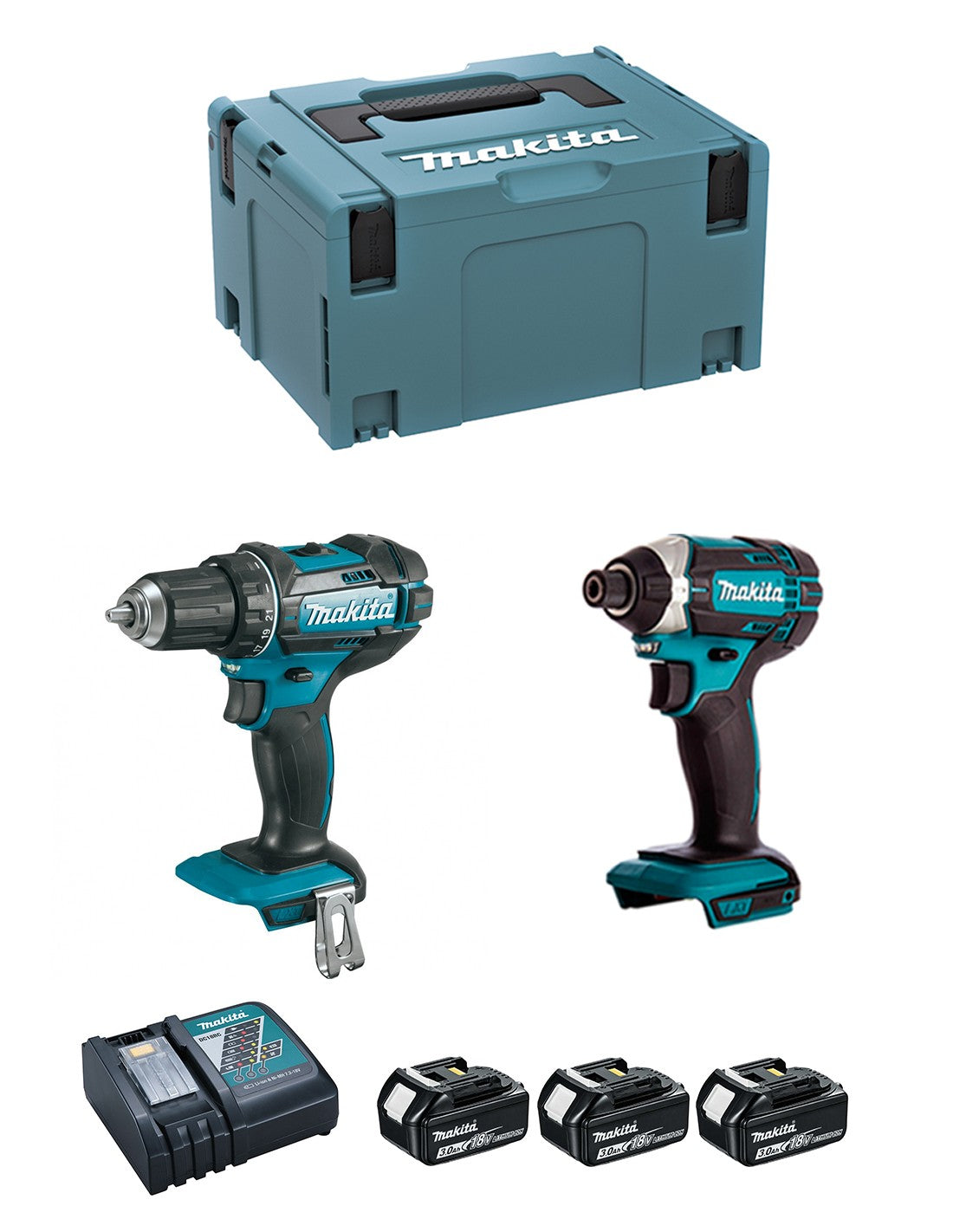 MAKITA DLX2127J1 2-pièces Ensemble (DDF482 + DTD152 + 3x batteries BL1830 + chargeur DC18RC + MAK3 coffrets)